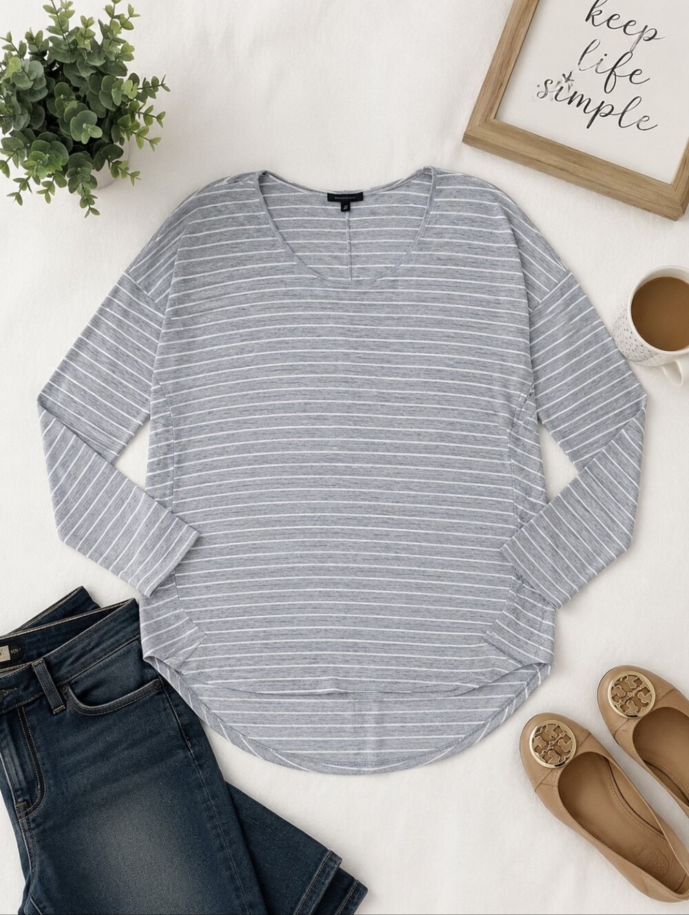 Lane Bryant Light Gray & White Striped Scoop-Neck Long Sleeve Top